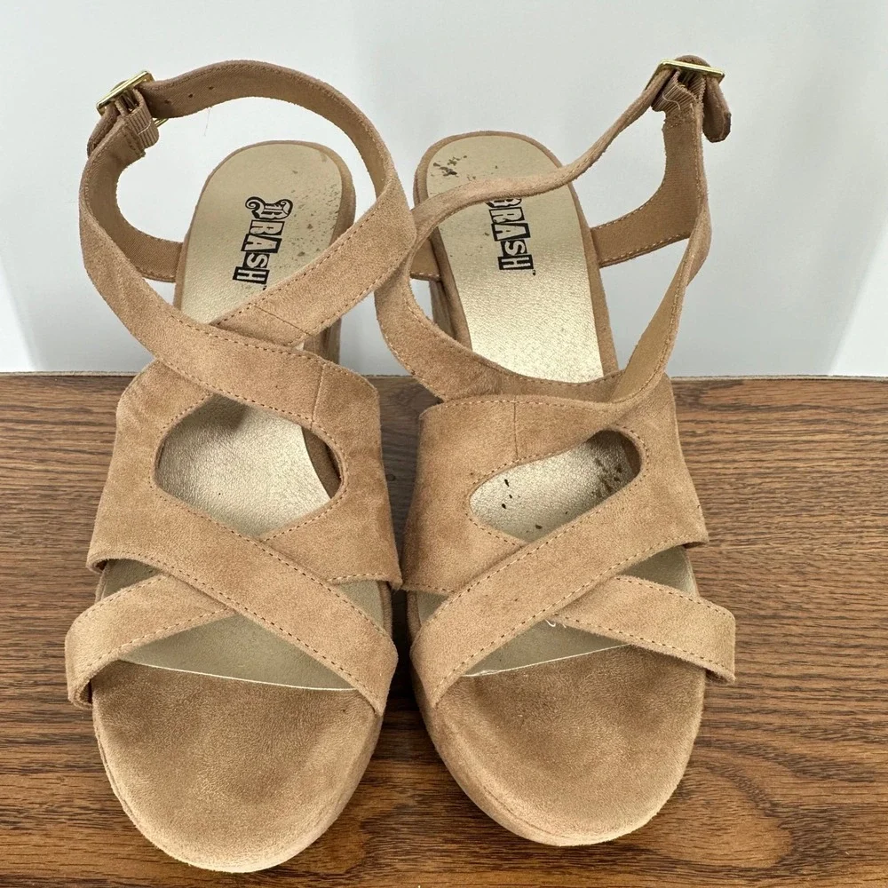 Boho Neutral Tan Faux Suede Platform Wedge Sandals Strappy‎ Resort Ankle Strap 9